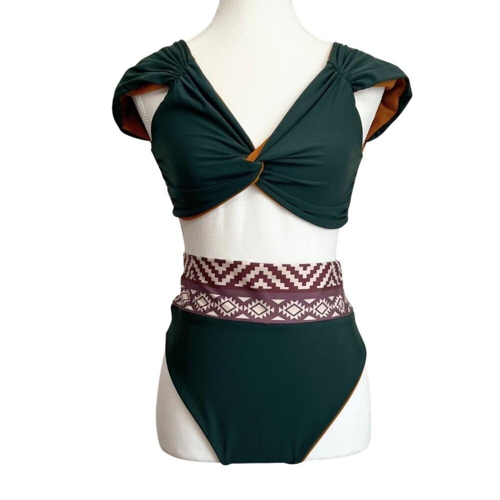 Elegant Green Bikini with Patterned Waistband
